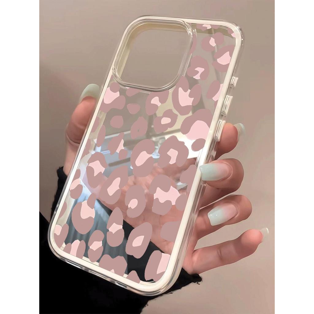 Powder Leopard Print cho iPhone 17 16Promax trường hợp 15 11 3 trong 1 bezel