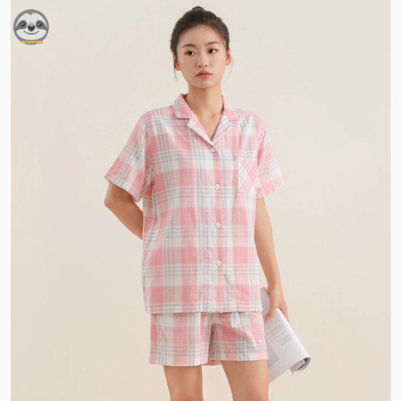 Phong cách Nhật Bản Muji Style / Cặp đôi kẻ sọc Cotton nguyên chất Quần short ngắn tay Loungewear / Nam Nữ Mùa hè mát mẻ Loungewear / Bộ đồ ngắn tay thoáng khí thoải mái