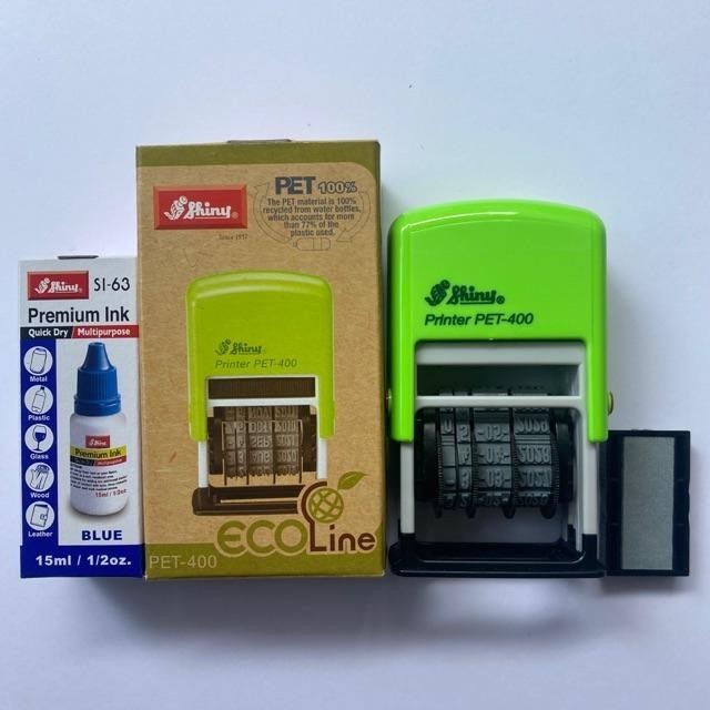 Dấu đóng mộc ngày tháng năm, hạn sử dụng SHINY Pet 400 và hộp mực chuyên dụng đóng lên mọi chất liệu.