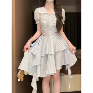 Đầm Xòe Caro Nữ Tầng Bèo,Váy Ngắn Tiểu Thư Dễ Thương,Tay Phồng Tôn Dáng,Phong Cách Hàn Quốc