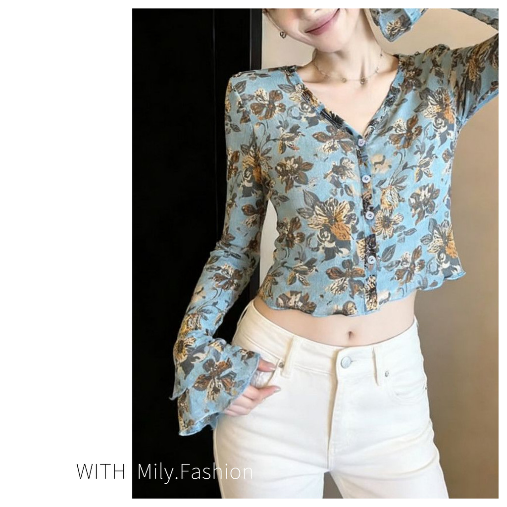 Milyfashion Nhẹ Nhàng Hoa Co Giãn Gạc Hơi Trong Suốt Tay Dài In Hình Chữ T Phong Cách Mới