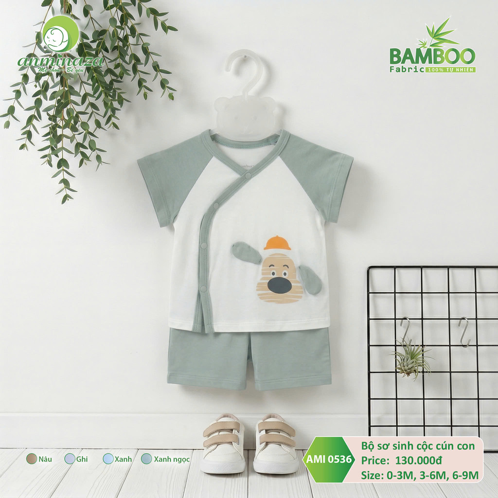 Bộ Sơ Sinh Cộc Cún Con Anminaza Chất Vải Sợi Tre An Toàn Thấm Hút - Hàng Chính Hãng AMI0536