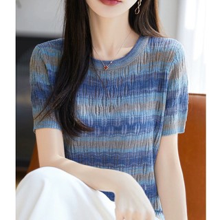 Dệt Kim Áo Tay Ngắn Cổ Tròn Phản Màu Sọc Rỗng, Phù Hợp Mùa Hè