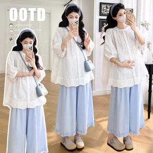 Bộ đồ bà bầu mùa hè gồm áo sơ mi thêu và quần ren ống rộng