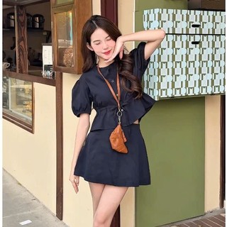 Set đồ nữ, Set áo croptop cổ tròn tay ngắn buộc eo kèm chấn váy chữ A có chun sau, Set chỉ nổi
