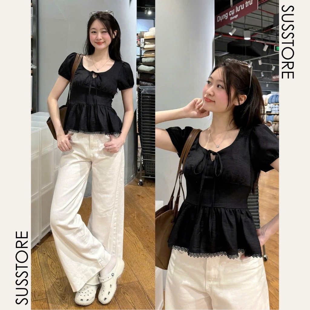 Áo Kiểu Nơ Buộc Bo Eo Tay Bồng Pha Ren A315517  Thời Trang Nữ Bigsize