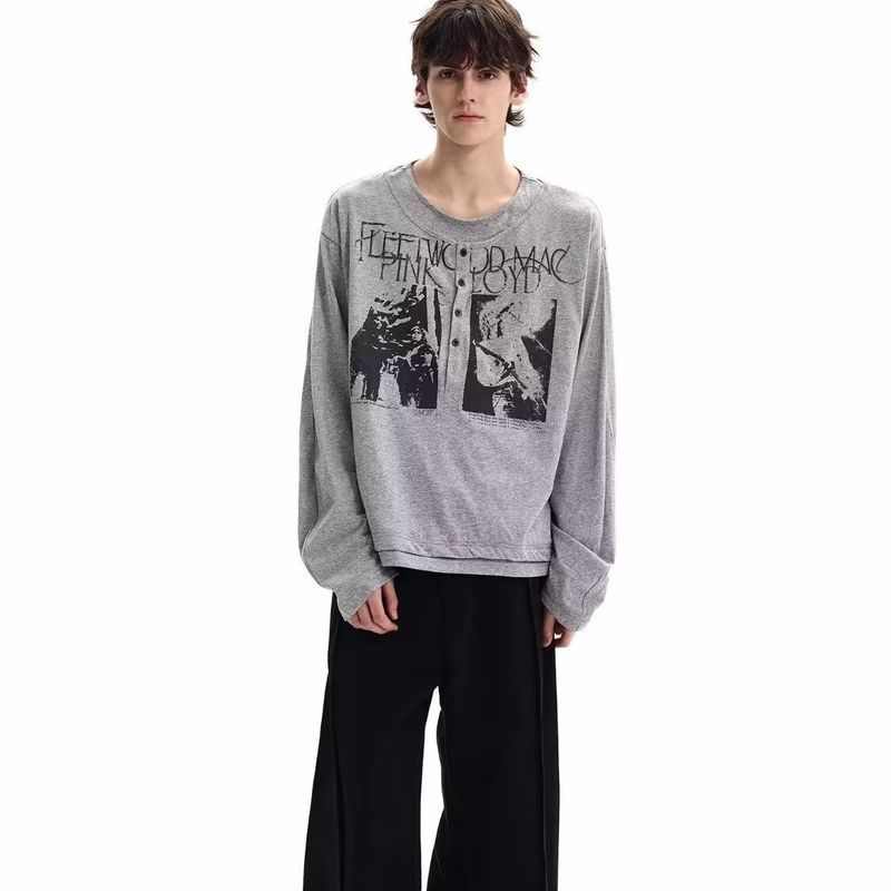 Áo thun dài tay Henley in họa tiết cổ điển kiểu Mỹ