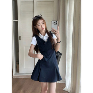 Set Áo Polo Trắng Cổ Đức Mix Yếm Viền Ren Xanh Than Hàng 2 Lớp Siêu Xinh (kèm ảnh thật)
