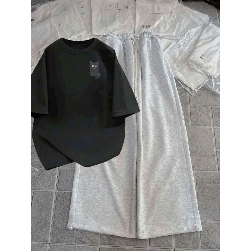 Bộ quần ống rộng da cá xám tiêu dài + phối áo phông form rộng unisex hình con CÚ
