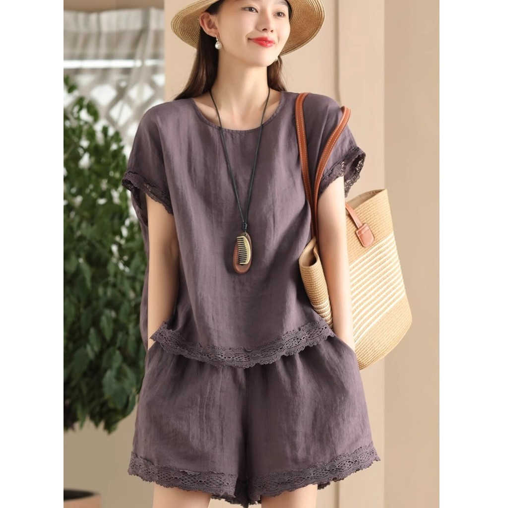 Bộ đồ thời trang mùa hè dành cho nữ, gồm áo rộng rãi và quần short ống rộng, chất liệu cotton lanh