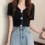 Áo len dệt kim cổ chữ V ngắn tay có nơ,form vừa vặn, phù hợp mùa hè