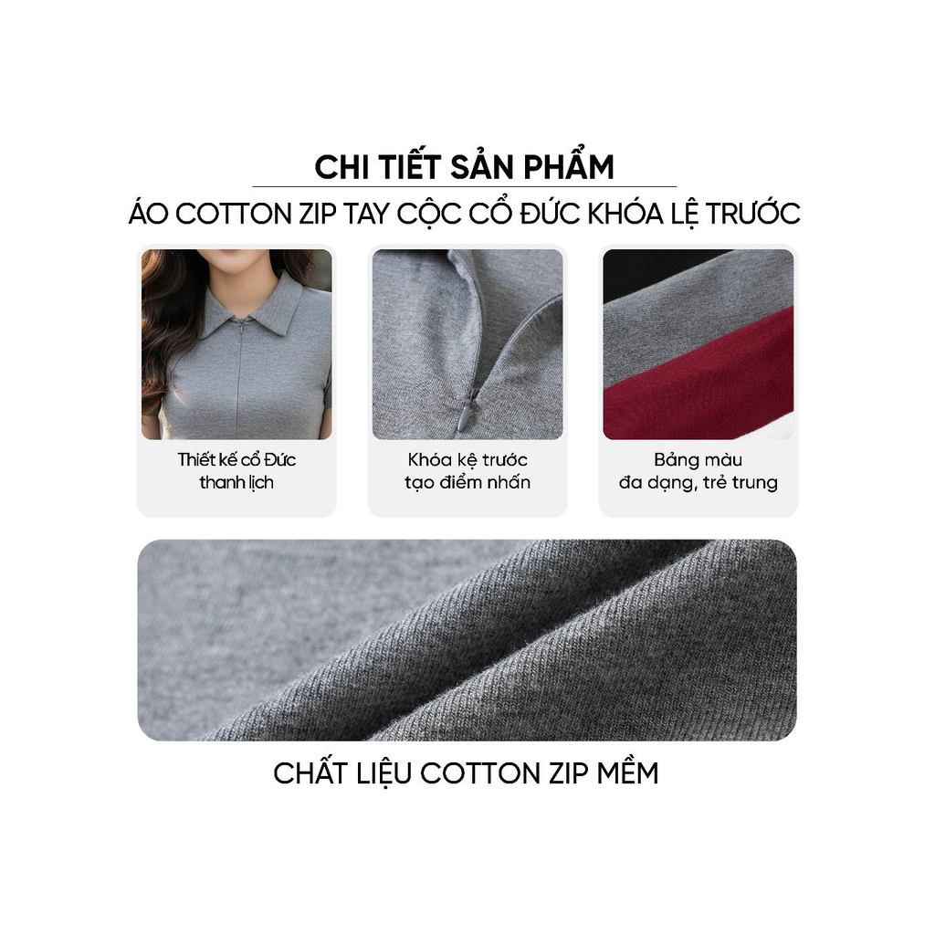 Áo thun nữ CARDINA chất cotton Zip tay cộc cổ Đức khóa lệ basic dễ mặc 6APC06