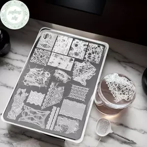 PUSKY Pháp Ren Wave Line Tấm Dập Móng Tay Hình Ảnh DIY In Hình Học Stencil Dụng Cụ Inox Làm Móng Tay Tem Mẫu VN