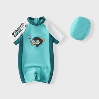 Đồ bơi liền thân cho bé trai - áo ngắn tay nhanh khô chống nắng in hình dễ thương đi bơi
