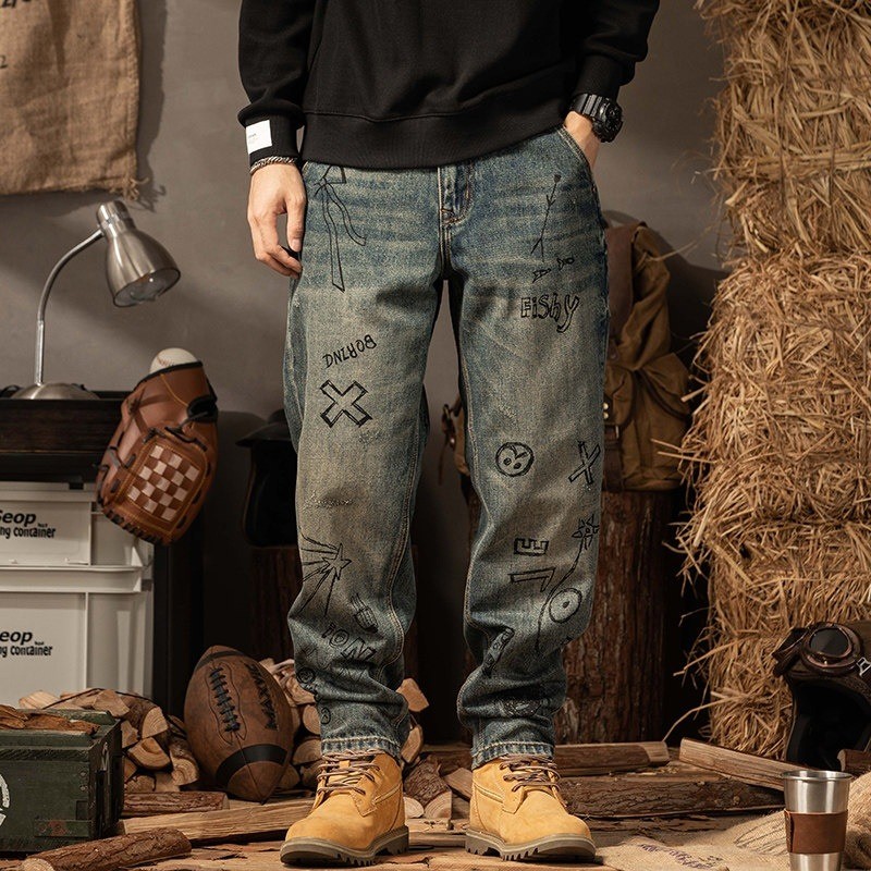 Quần denim màu xanh retro nam, phù hợp mùa đông với phong cách hàng ngày cho chân thẳng.