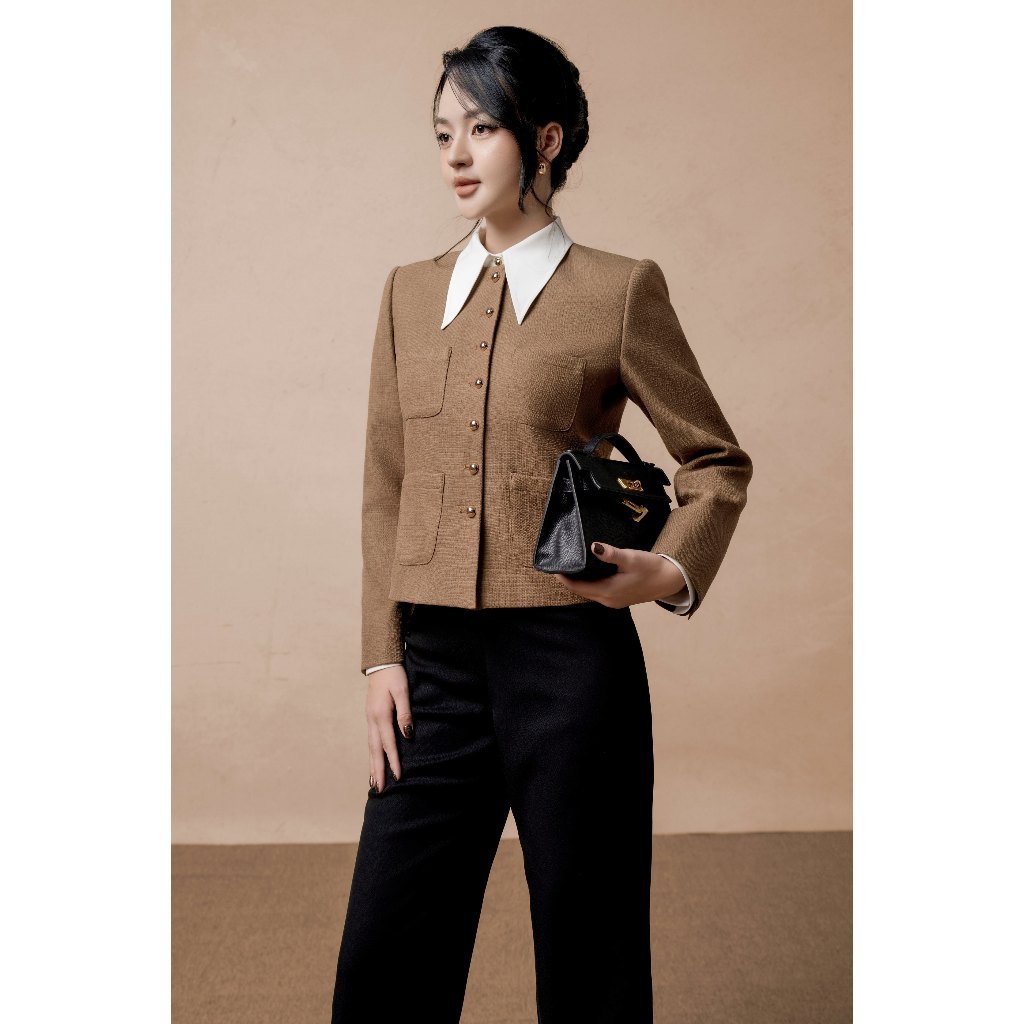 Áo khoác nữ ELLA DORA dạ Tweed form chuẩn 4 túi trước cúc đồng thanh lịch phong cách công [K15]