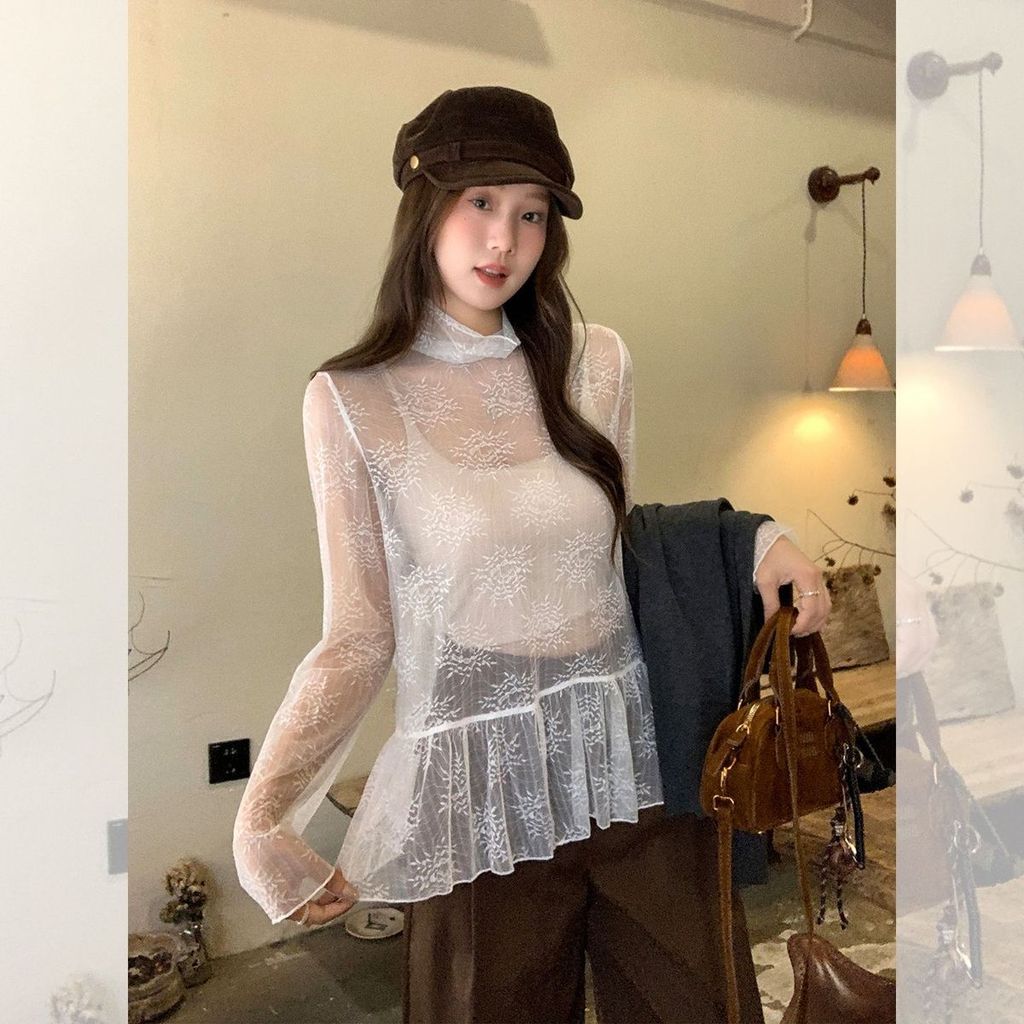 Milyfashion See-Through Trắng Nửa Cổ Cao Ren Mỏng Tay Áo Thun Vải Jacquard Phong Cách Ballet