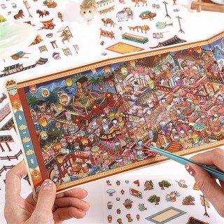 ENWEI 16 Chiếc [Dòng Cuộn Nổi] Nhãn Dán Phong Cảnh 3D Chống Thấm Nước Cực Dài Cung Điện Tiệc Đêm Đèn Lồng Lễ Hội Phong Cách Kawaii Thêu Sò