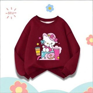 Áo nỉ cổ tròn mỏng nhẹ, dễ thương, thoải mái, in một mặt hình Hello Kitty của Sanrio dành cho bé gái.