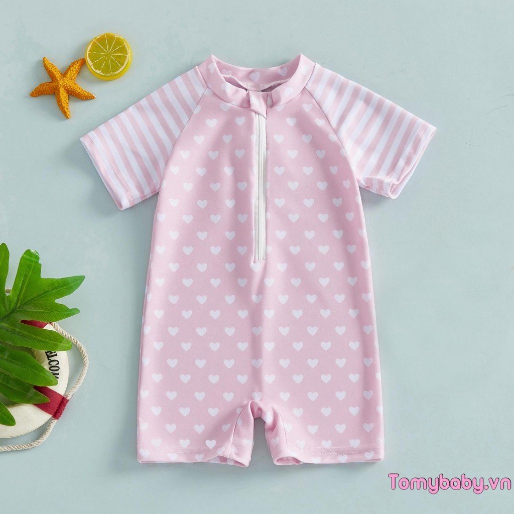 Đồ bơi bé gái mới biết đi Mùa hè tay ngắn cổ tròn chấm sọc in dây kéo phía trước Đồ bơi dễ thương