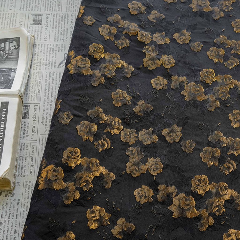 Đầm Retro Thanh Lịch Chất Liệu Jacquard Sườn Xám Họa Tiết Hoa Hồng Màu Vàng Đen Nổi Bật