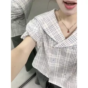 Áo sơ mi ngắn tay kẻ sọc màu xanh hải quân dành cho nữ, phong cách Nhật Bản, phù hợp mặc hàng ngày mùa hè