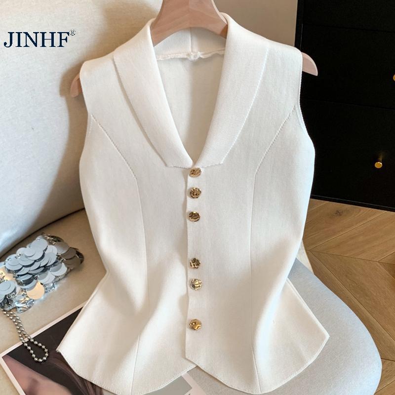 JINHF Nữ Trơn Ve Áo Không Tay Nút V-ne Sang Trọng Thường Ngày Phù Hợp Với Áo Mùa Hè HOT