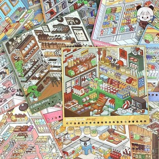 ITRUMPET Shop Cảnh Sticker, Nhãn Dán Phong Cảnh PET Dễ Thương, 10 Cảnh 33 Tờ Kích Thước Lớn Xếp Chồng Miếng Dán Sách Đồ Chơi Trẻ Em