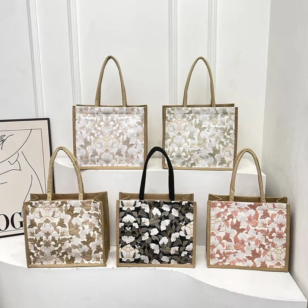 HOBBYIN Túi Tote Vải Lanh HOBBYIN, Túi Tote Hoa Thêu Tay Cầm Trên Di Động, Thời Trang Dung Tích Lớn Nhẹ Túi Nữ Văn Phòng Hàng Ngày