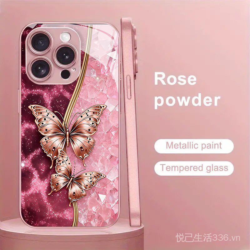Bướm màu hồng mạ vàng Thích hợp cho vỏ điện thoại 17pro iPhone16PLUS / 14promax Vỏ kính Xs