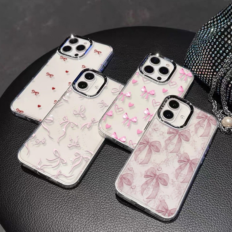 Ốp Lưng Cho iPhone 16E 16 15 14 13 Pro Max Plus Thời Trang Màu Hồng Nơ Mềm Mạ Trong Suốt Vỏ Ống Kính Kim Loại