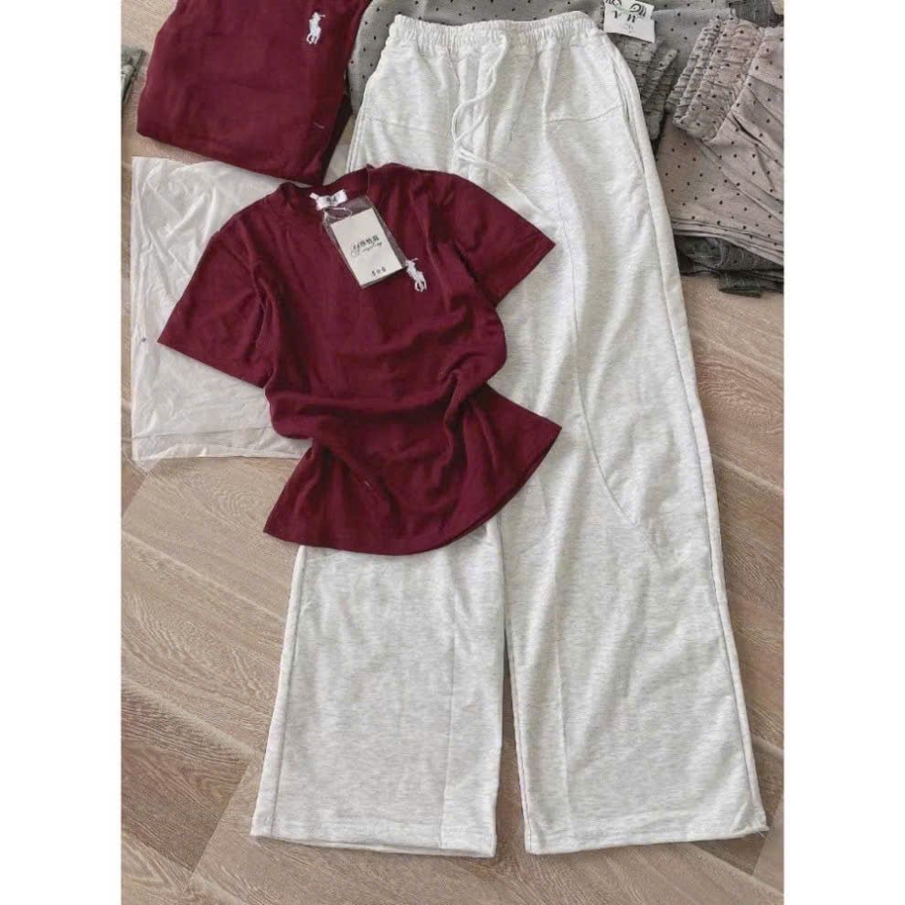 Sét quần ống rộng da cá dài THÊU NGỰA  xám tiêu + phối áo thun CROPTOP nơ xinh in giữa áo