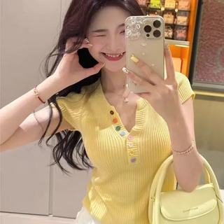 Áo Len Tay Ngắn Màu Vàng Ngọt Ngào, Vai Phù Hợp, Thích Hợp Mặc Ngoài Mùa Xuân Hè