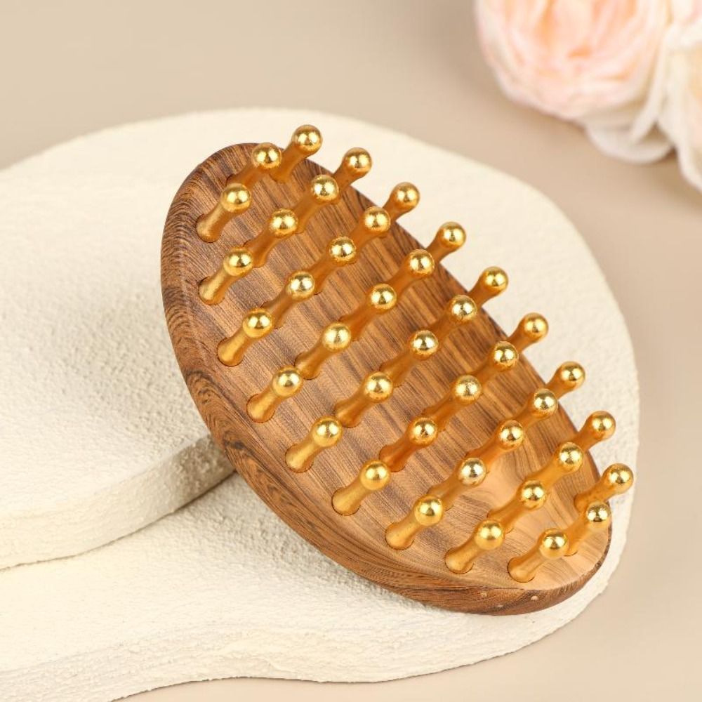 Bàn chải massage toàn thân AWNGD, Máy mát xa da đầu con lăn hạt vàng bằng đồng thau nguyên khối 39-Tooth, Tay cầm bằng gỗ Giảm áp Bàn chải kinh tuyến Massage cơ thể