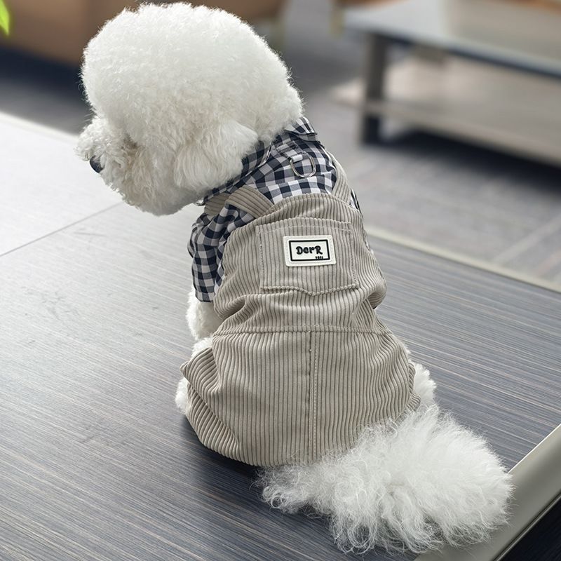 Thú Cưng Quần Áo Cho Chó Mùa Xuân Thu Mỏng Phong Cách Teddy Bichon Chó Nhỏ Dễ Thương Kẻ Sọc Áo Sơ Mi Corduroy Quần Áo Bốn Chân