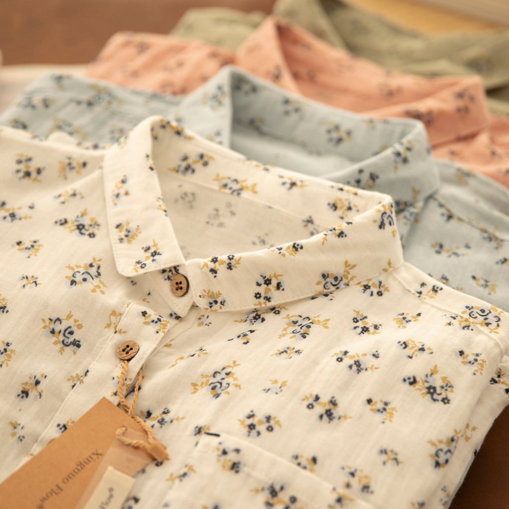 [Có sẵn] Áo sơ mi nữ từ sợi cotton 100%, thiết kế họa tiết hoa, form rộng thoải mái