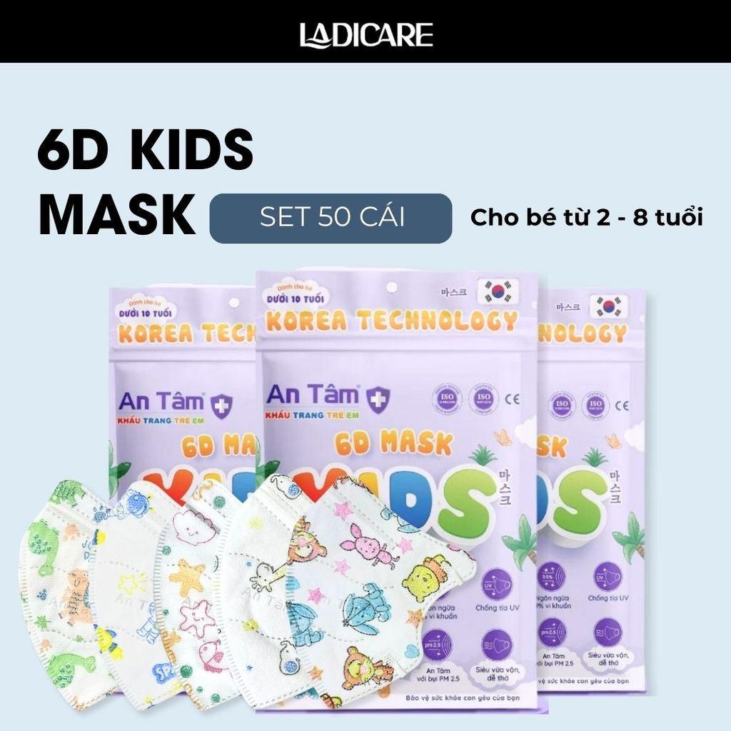 [SET 50Cái] Khẩu trang trẻ em 6D An Tâm Kids dành cho bé 2 đến 8 tuổi hàng chính hãng công ty