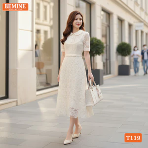 Đầm thiết kế cao cấp BEMINE cổ sen đính cúc phối ren dáng dài-T119