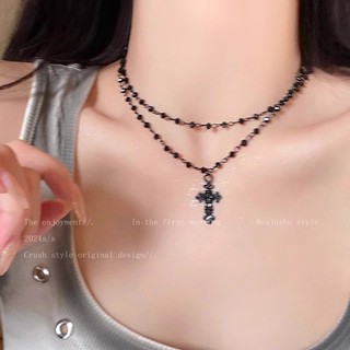 Vòng cổ nữ phong cách retro với chữ thập hai tầng xếp chồng - phụ kiện đầm thời trang cao cấp