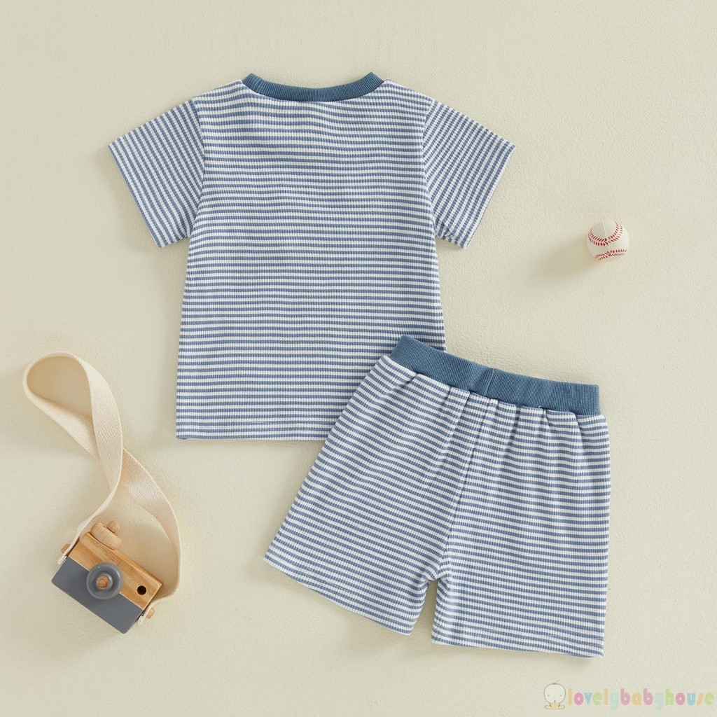 LBH-Toddler Bé Trai Sọc Mùa Hè Tay Ngắn Thêu Bóng Chày Áo Có Quần Short 2 Bộ Quần Áo