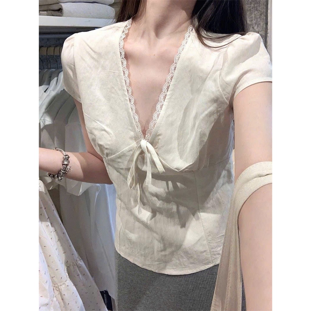 Áo kiểu nữ tay ngắn thiết kế cổ V viền ren phối dây buộc nơ phong cách mùa hè dễ thương XIMIMI  SP433