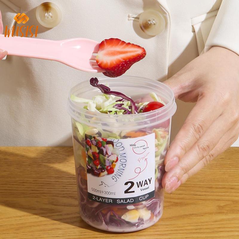 [WUSISI] Cốc Salad sữa chua yến mạch trái cây ăn sáng có nắp và thìa Hộp đựng thực phẩm hai lớp Hộp Bento Thể dục Bát côn giảm béo MỚI