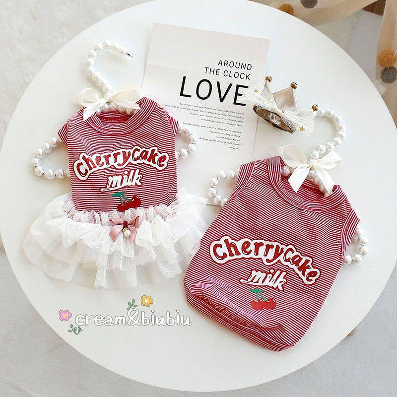 【Ready Stock】 Pet Dog Cat Clothes Spring/Summer Thin Breathable Red Striped Cherry Vest Dress Couple Clothes Bichon OyPy