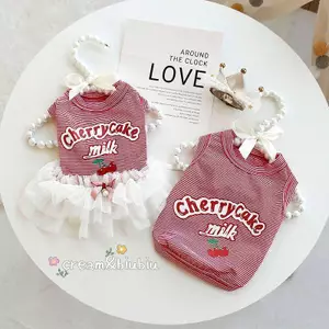 【Ready Stock】 Pet Dog Cat Clothes Spring/Summer Thin Breathable Red Striped Cherry Vest Dress Couple Clothes Bichon OyPy