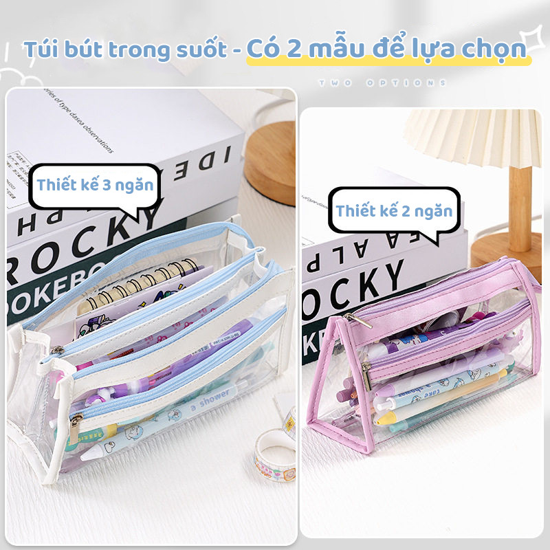 Túi đựng bút đa dụng trong suốt, bóp viết đơn giản nhiều ngăn tiện lợi, nhiều màu cho học sinh