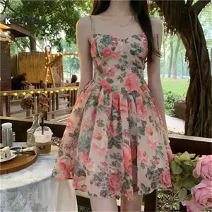 Đầm chữ A không tay hoa gợi cảm phong cách Pháp với dây spaghetti mini, trendy mùa hè