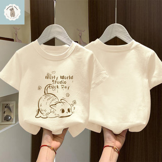 Áo thun in hình mèo dễ thương và bé gái, kiểu dáng hoạt hình thời trang, cổ tròn.
