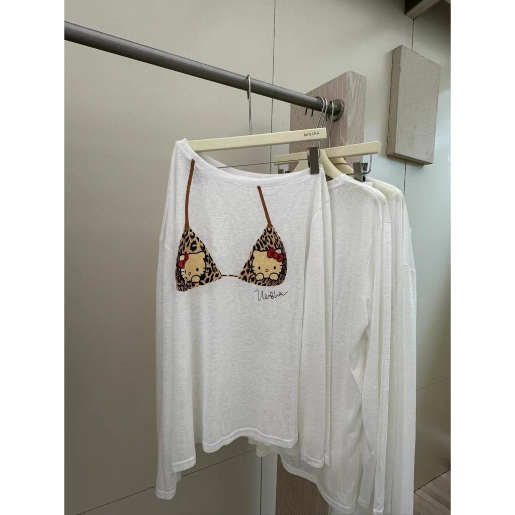 Milyfashion Loose Size Lớn In Hình Mèo Chống Nắng Đeo Vai Dài Tay T Quần Áo Nữ