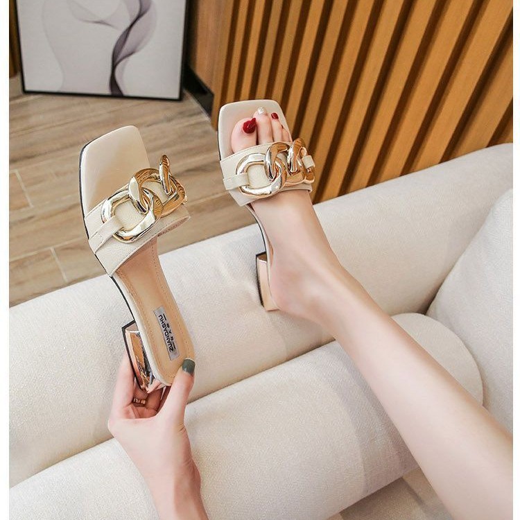 2 Màu Size Lớn 30-46 Dép Gót Dày Nữ Dây Xích Trang Trí Mũi Vuông Giày Sandal Giữa Gót Dép Xuân Hè Mặc Ngoài Thời Trang Phù Hợp Với 32E3