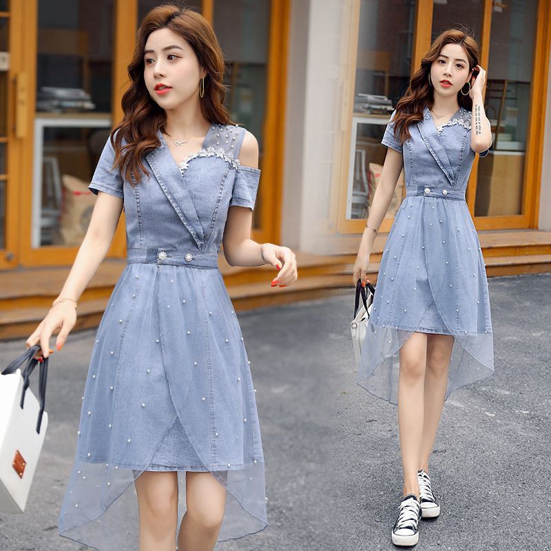Đầm Xuân/Hè Jinbukang mới, bộ denim lưới với thiết kế dáng rộng ngọt ngào kiểu Hàn Quốc và chiết eo thanh lịch.